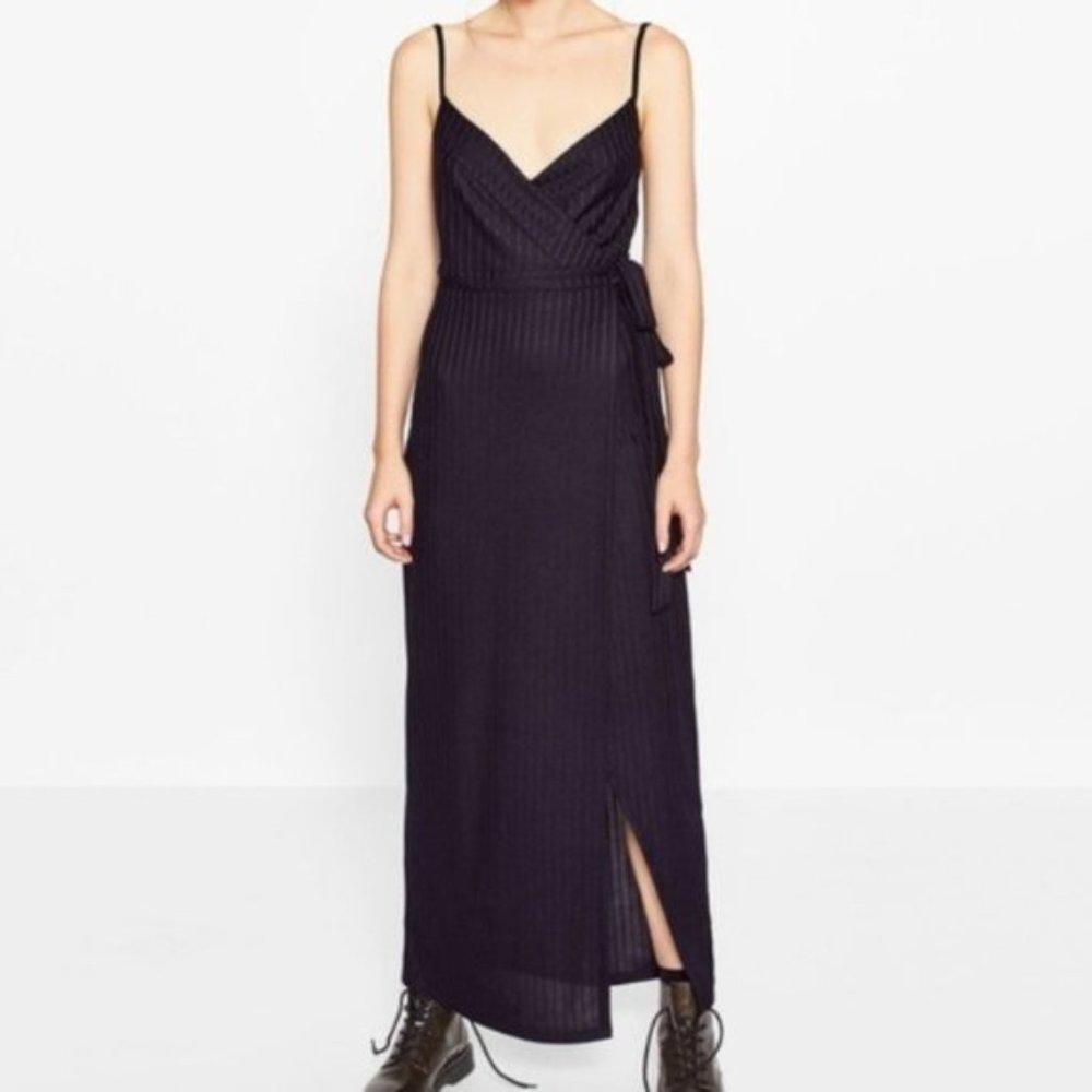 Zara Navy Low Back Wrap Column Dress